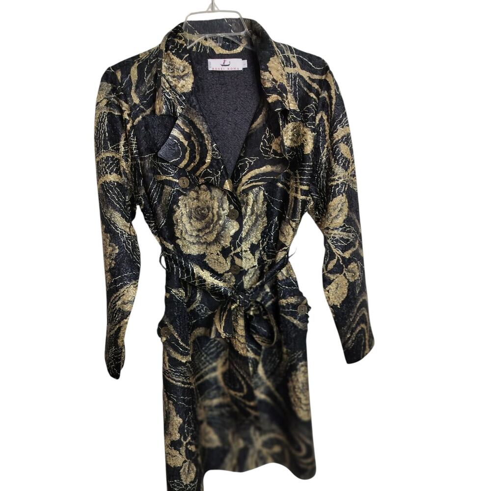 4174) Rossi Roma Black & Gold Button Down Collar Belted Crinkle  Dress Large